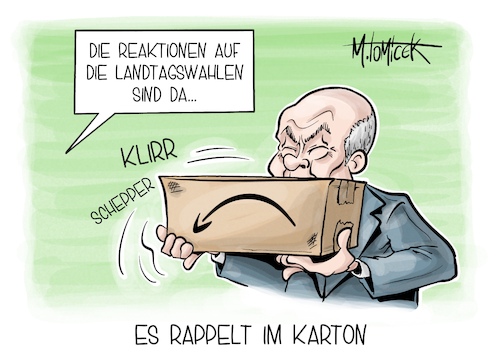 Cartoon: Es rappelt im Karton (medium) by Mirco Tomicek tagged landtagswahlen,landtag,wahl,landtagswahl,bayern,hessen,afd,ampel,ampelregierung,olaf,scholz,grüne,fdp,spd,amazon,prime,day,karton,post,lieferung,paket,pakete,reaktionen,wahlen,umfrage,umfragewerte,karikatur,pressekarikatur,cartoon,mirco,tomicek,landtagswahlen,landtag,wahl,landtagswahl,bayern,hessen,afd,ampel,ampelregierung,olaf,scholz,grüne,fdp,spd,amazon,prime,day,karton,post,lieferung,paket,pakete,reaktionen,wahlen,umfrage,umfragewerte,karikatur,pressekarikatur,cartoon,mirco,tomicek