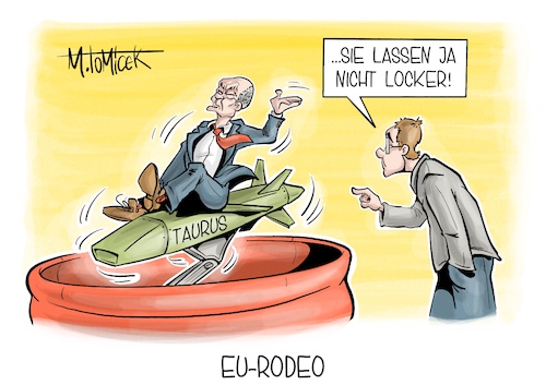 Cartoon: EU-Rodeo (medium) by Mirco Tomicek tagged eu,gipfel,olaf,scholz,regierungserklärung,kanzler,ukraine,unterstützung,hilfe,waffenlieferung,waffen,lieferung,taurus,raketen,europa,krieg,karikatur,pressekarikatur,cartoon,mirco,tomicek,eu,gipfel,olaf,scholz,regierungserklärung,kanzler,ukraine,unterstützung,hilfe,waffenlieferung,waffen,lieferung,taurus,raketen,europa,krieg,karikatur,pressekarikatur,cartoon,mirco,tomicek