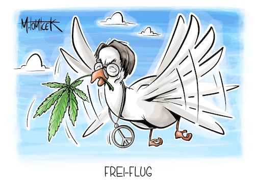 Cartoon: Frei-Flug (medium) by Mirco Tomicek tagged cannabis,legalisierung,hanf,thc,marihuana,hanfpflanze,friedenstaube,taube,karl,lauterbach,cem,özdemir,cartoon,karikatur,pressekarikatur,mirco,tomicek,cannabis,legalisierung,hanf,thc,marihuana,hanfpflanze,friedenstaube,taube,karl,lauterbach,cem,özdemir,cartoon,karikatur,pressekarikatur,mirco,tomicek