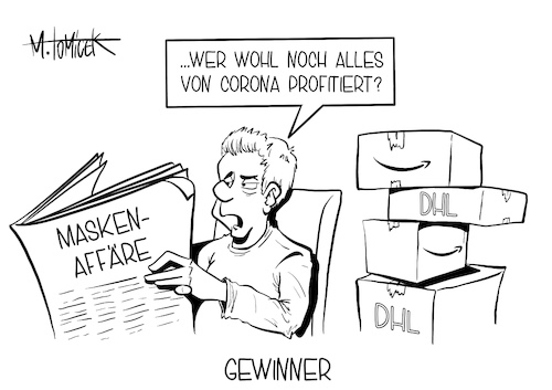 Cartoon: Gewinner (medium) by Mirco Tomicek tagged masken,affäre,maskenaffäre,union,cdu,csu,nikolas,löbel,georg,nüßlein,corona,pandemie,lockdown,shutdown,virus,viren,schutzmasken,maske,profitiert,profiteure,krise,geld,umsatz,dhl,deutsche,post,boom,umsatzzahlen,amazon,versand,pakete,paketdienst,dienst,zustellung,bestellung,online,shopping,shop,web,cartoon,karikatur,pressekarikatur,mirco,tomicek,masken,affäre,maskenaffäre,union,cdu,csu,nikolas,löbel,georg,nüßlein,corona,pandemie,lockdown,shutdown,virus,viren,schutzmasken,maske,profitiert,profiteure,krise,geld,umsatz,dhl,deutsche,post,boom,umsatzzahlen,amazon,versand,pakete,paketdienst,dienst,zustellung,bestellung,online,shopping,shop,web,cartoon,karikatur,pressekarikatur,mirco,tomicek