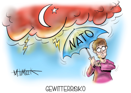 Cartoon: Gewitterrisiko (medium) by Mirco Tomicek tagged verteidigungsministerin,annegret,kramp,karrenbauer,türkei,ankara,kursbestimmung,reise,nato,gipfel,beschlüsse,umsetzung,mittelmeer,mittelmeerraum,schwarzmeer,schwarzmeerregion,gewitter,wetter,hitze,hitzegewitter,cartoon,karikatur,pressekarikatur,mirco,tomicek,verteidigungsministerin,annegret,kramp,karrenbauer,türkei,ankara,kursbestimmung,reise,nato,gipfel,beschlüsse,umsetzung,mittelmeer,mittelmeerraum,schwarzmeer,schwarzmeerregion,gewitter,wetter,hitze,hitzegewitter,cartoon,karikatur,pressekarikatur,mirco,tomicek