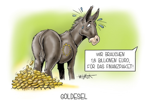 Cartoon: Goldesel (medium) by Mirco Tomicek tagged finanzpaket,billionen,euro,eu,gipfel,27,staaten,soforthilfe,corona,covid19,hilfe,hilfspaket,konjunktur,konjunkturpaket,paket,goldesel,geld,karikatur,cartoon,mirco,tomicek,finanzpaket,billionen,euro,eu,gipfel,27,staaten,soforthilfe,corona,covid19,hilfe,hilfspaket,konjunktur,konjunkturpaket,paket,goldesel,geld,karikatur,cartoon,mirco,tomicek