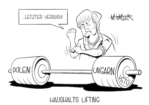 Cartoon: Haushalts Lifting (medium) by Mirco Tomicek tagged polen,ungarn,eu,gipfel,europa,erfolg,turbulentem,jahr,corona,covid19,hilfspaket,paket,coronapaket,finanzpaket,finanzen,hilfen,coronahilfe,haushalt,coronahaushalt,angela,merkel,klima,klimaziele,ratspräsidentschaft,präsidentschaft,gewicht,gewichtheben,lifting,veto,haus,halt,geld,rat,cartoon,karikatur,pressekarikatur,mirco,tomicek,polen,ungarn,eu,gipfel,europa,erfolg,turbulentem,jahr,corona,covid19,hilfspaket,paket,coronapaket,finanzpaket,finanzen,hilfen,coronahilfe,haushalt,coronahaushalt,angela,merkel,klima,klimaziele,ratspräsidentschaft,präsidentschaft,gewicht,gewichtheben,lifting,veto,haus,halt,geld,rat,cartoon,karikatur,pressekarikatur,mirco,tomicek