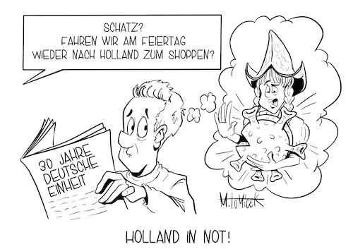 Cartoon: Holland in Not! (medium) by Mirco Tomicek tagged 30,jahre,deutsche,einheit,deutschland,einigkeit,wiedervereinigung,ost,west,brd,ddr,mauerfall,holland,niederlande,feiertag,ferien,shopping,shoppen,einkaufen,risikogebiete,gebiet,risikogebiet,risiko,amsterdam,den,haag,rotterdam,utrecht,antje,käse,corona,covid19,coronavirus,virus,provinzen,angesteckt,fallzahlen,infiziert,karikatur,cartoon,pressekarikatur,mirco,tomicek,30,jahre,deutsche,einheit,deutschland,einigkeit,wiedervereinigung,ost,west,brd,ddr,mauerfall,holland,niederlande,feiertag,ferien,shopping,shoppen,einkaufen,risikogebiete,gebiet,risikogebiet,risiko,amsterdam,den,haag,rotterdam,utrecht,antje,käse,corona,covid19,coronavirus,virus,provinzen,angesteckt,fallzahlen,infiziert,karikatur,cartoon,pressekarikatur,mirco,tomicek