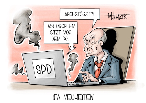 Cartoon: IFA Neuheiten (medium) by Mirco Tomicek tagged sommerpause,spd,olaf,scholz,klausur,politik,migration,asyl,landtagswahlen,wahlen,wahlergebnisse,kanzler,bundeskanzler,ifa,berlin,technik,computer,neuheiten,karikatur,pressekarikatur,cartoon,mirco,tomicek,sommerpause,spd,olaf,scholz,klausur,politik,migration,asyl,landtagswahlen,wahlen,wahlergebnisse,kanzler,bundeskanzler,ifa,berlin,technik,computer,neuheiten,karikatur,pressekarikatur,cartoon,mirco,tomicek