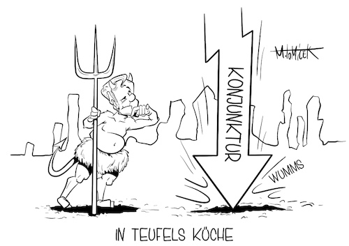 Cartoon: In Teufels Küche (medium) by Mirco Tomicek tagged konjunktur,corona,jahr,deutschland,deutsche,wirtschaft,bricht,einbruch,fünf,prozent,schrumpft,2020,einfall,kurs,stabilisiert,erholt,covid19,umsätze,einkäufe,hölle,teufel,teufelchen,teufels,küche,dax,einsturz,börse,bruttoinlandsprodukt,bruttoinland,cartoon,karikatur,pressekarikatur,mirco,tomicek,konjunktur,corona,jahr,deutschland,deutsche,wirtschaft,bricht,einbruch,fünf,prozent,schrumpft,2020,einfall,kurs,stabilisiert,erholt,covid19,umsätze,einkäufe,hölle,teufel,teufelchen,teufels,küche,dax,einsturz,börse,bruttoinlandsprodukt,bruttoinland,cartoon,karikatur,pressekarikatur,mirco,tomicek