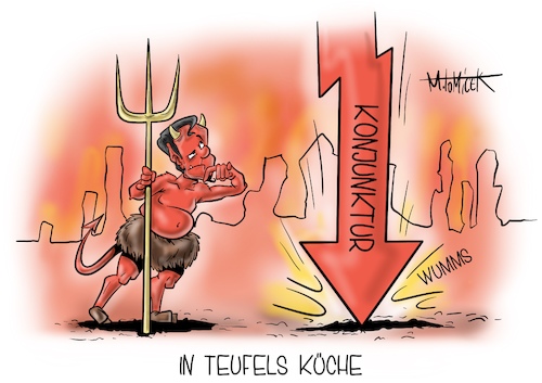 Cartoon: In Teufels Küche (medium) by Mirco Tomicek tagged konjunktur,corona,jahr,deutschland,deutsche,wirtschaft,bricht,einbruch,fünf,prozent,schrumpft,2020,einfall,kurs,stabilisiert,erholt,covid19,umsätze,einkäufe,hölle,teufel,teufelchen,teufels,küche,dax,einsturz,börse,bruttoinlandsprodukt,bruttoinland,cartoon,karikatur,pressekarikatur,mirco,tomicek,konjunktur,corona,jahr,deutschland,deutsche,wirtschaft,bricht,einbruch,fünf,prozent,schrumpft,2020,einfall,kurs,stabilisiert,erholt,covid19,umsätze,einkäufe,hölle,teufel,teufelchen,teufels,küche,dax,einsturz,börse,bruttoinlandsprodukt,bruttoinland,cartoon,karikatur,pressekarikatur,mirco,tomicek