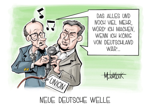 Cartoon: Neue Deutsche Welle (medium) by Mirco Tomicek tagged neue,deutsche,welle,brandenburg,union,unionsfraktion,klausur,cdu,csu,markus,söder,friedrich,merz,frage,kanzler,kanzlerfrage,landtagswahlen,wahlen,ergebnisse,regierung,rio,reiser,könig,von,deutschland,karikatur,pressekarikatur,cartoon,mirco,tomicek,neue,deutsche,welle,brandenburg,union,unionsfraktion,klausur,cdu,csu,markus,söder,friedrich,merz,frage,kanzler,kanzlerfrage,landtagswahlen,wahlen,ergebnisse,regierung,rio,reiser,könig,von,deutschland,karikatur,pressekarikatur,cartoon,mirco,tomicek