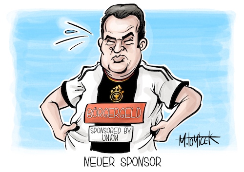 Cartoon: Neuer Sponsor (medium) by Mirco Tomicek tagged hubertus,heil,arbeitsminister,hartz,iv,bürgergeld,bürger,geld,union,cdu,csu,ampel,ampelkoalition,kompromiss,sanktionen,deutschland,trikot,wm,weltmeisterschaft,sponsor,sponsoren,rewe,dfb,fifa,one,love,karikatur,pressekarikatur,cartoon,mirco,tomicek,hubertus,heil,arbeitsminister,hartz,iv,bürgergeld,bürger,geld,union,cdu,csu,ampel,ampelkoalition,kompromiss,sanktionen,deutschland,trikot,wm,weltmeisterschaft,sponsor,sponsoren,rewe,dfb,fifa,one,love,karikatur,pressekarikatur,cartoon,mirco,tomicek