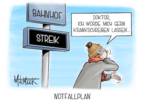 Cartoon: Notfallplan (medium) by Mirco Tomicek tagged gdl,lok,lokführer,gewerkschaft,lokführergewerkschaft,streik,streikt,streiken,bahn,zug,verkehr,bahnverkehr,ausfälle,züge,warnstreik,krank,krankschreiben,krankmelden,arzt,praxen,praxis,ärzte,patienten,cartoon,karikatur,pressekarikatur,mirco,tomicek,gdl,lok,lokführer,gewerkschaft,lokführergewerkschaft,streik,streikt,streiken,bahn,zug,verkehr,bahnverkehr,ausfälle,züge,warnstreik,krank,krankschreiben,krankmelden,arzt,praxen,praxis,ärzte,patienten,cartoon,karikatur,pressekarikatur,mirco,tomicek