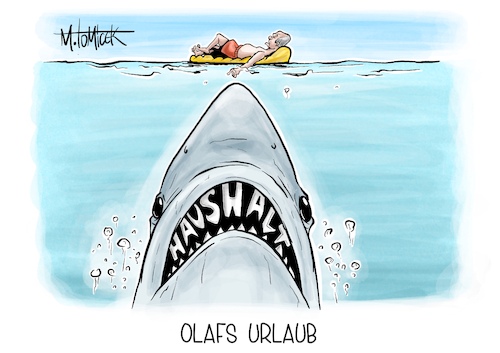 Cartoon: Olafs Urlaub (medium) by Mirco Tomicek tagged olaf,scholz,urlaub,bundeskanzler,ampelstreit,ampel,ampelkoalition,regierung,haushalt,haushaltsstreit,haushaltsentwurf,streit,bundeshaushalt,finanzen,lindner,jaws,der,weiße,hai,cartoon,karikatur,pressekarikatur,mirco,tomicek,olaf,scholz,urlaub,bundeskanzler,ampelstreit,ampel,ampelkoalition,regierung,haushalt,haushaltsstreit,haushaltsentwurf,streit,bundeshaushalt,finanzen,lindner,jaws,der,weiße,hai,cartoon,karikatur,pressekarikatur,mirco,tomicek