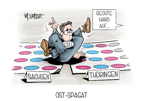 Cartoon: Ost-Spagat (medium) by Mirco Tomicek tagged thüringen,sachsen,landtagswahlen,landtagswahl,wahlen,wahl,wähler,ergebnisse,afd,cdu,fdp,bsw,ost,osten,gewählt,stimmen,auszählung,cartoon,karikatur,pressekarikatur,mirco,tomicek,thüringen,sachsen,landtagswahlen,landtagswahl,wahlen,wahl,wähler,ergebnisse,afd,cdu,fdp,bsw,ost,osten,gewählt,stimmen,auszählung,cartoon,karikatur,pressekarikatur,mirco,tomicek