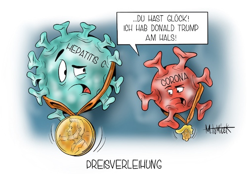 Cartoon: Preisverleihung (medium) by Mirco Tomicek tagged nobelpreis,nobel,preis,preisverleihung,medizin,hepatitis,virus,entdeckung,entdeckt,harvey,alter,michael,houghton,charles,rice,corona,covid19,erkankung,trump,donald,us,president,präsident,usa,amerika,politiker,presse,pressekarikatur,karikatur,cartoon,mirco,tomicek,nobelpreis,nobel,preis,preisverleihung,medizin,hepatitis,virus,entdeckung,entdeckt,harvey,alter,michael,houghton,charles,rice,corona,covid19,erkankung,trump,donald,us,president,präsident,usa,amerika,politiker,presse,pressekarikatur,karikatur,cartoon,mirco,tomicek