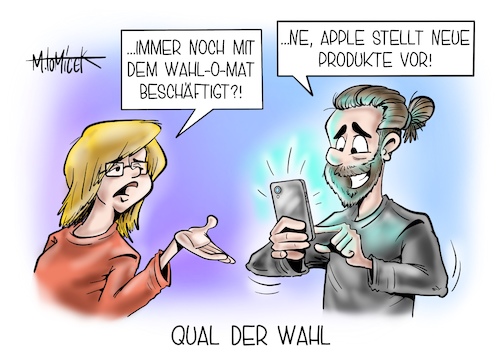 Cartoon: Qual der Wahl (medium) by Mirco Tomicek tagged wahlkampf,bundestagswahl,wähler,wahlomat,wahl,mat,wahlen,gewählt,app,kanzlerkandidaten,spd,union,grüne,digital,apple,event,enthüllung,iphone,13,watch,ios,smartphone,keynote,technik,gadgets,cartoon,karikatur,pressekarikatur,mirco,tomicek,wahlkampf,bundestagswahl,wähler,wahlomat,wahl,mat,wahlen,gewählt,app,kanzlerkandidaten,spd,union,grüne,digital,apple,event,enthüllung,iphone,13,watch,ios,smartphone,keynote,technik,gadgets,cartoon,karikatur,pressekarikatur,mirco,tomicek