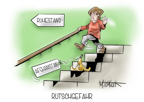 Cartoon: Rutschgefahr (medium) by Mirco Tomicek tagged afghanistan,taliban,bundesregierung,angela,merkel,außenminister,verteidigungsminister,falsch,eingeschätzt,ruhestand,kabul,flughafen,karikatur,pressekarikatur,cartoon,mirco,tomicek,afghanistan,taliban,bundesregierung,angela,merkel,außenminister,verteidigungsminister,falsch,eingeschätzt,ruhestand,kabul,flughafen,karikatur,pressekarikatur,cartoon,mirco,tomicek