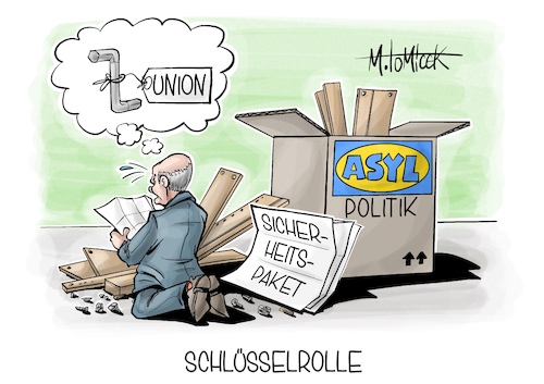 Cartoon: Schlüsselrolle (medium) by Mirco Tomicek tagged bund,länder,asyl,asylpolitik,migration,migrationspolitik,politik,sicherheit,maßnahmen,maßnahmenpaket,sicherheitspaket,regierung,attentat,solingen,attacke,messerattacke,straftaten,abschiebung,olaf,scholz,merz,union,cdu,ikea,karikatur,cartoon,pressekarikatur,mirco,tomicek,bund,länder,asyl,asylpolitik,migration,migrationspolitik,politik,sicherheit,maßnahmen,maßnahmenpaket,sicherheitspaket,regierung,attentat,solingen,attacke,messerattacke,straftaten,abschiebung,olaf,scholz,merz,union,cdu,ikea,karikatur,cartoon,pressekarikatur,mirco,tomicek