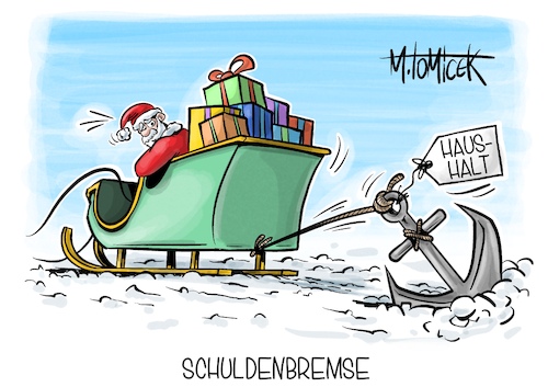 Cartoon: Schuldenbremse (medium) by Mirco Tomicek tagged bundestag,schuldenbremse,haushalt,haushaltssperre,2024,bremse,ampel,koalition,regierung,neuverschuldung,weihnachtsmann,cartoon,karikatur,pressekarikatur,mirco,tomicek,bundestag,schuldenbremse,haushalt,haushaltssperre,2024,bremse,ampel,koalition,regierung,neuverschuldung,weihnachtsmann,cartoon,karikatur,pressekarikatur,mirco,tomicek