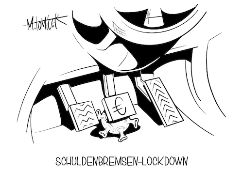 Cartoon: Schuldenbremsen-Lockdown (medium) by Mirco Tomicek tagged beratung,haushalt,2021,haushaltsberatungen,neuverschuldung,etats,bundestag,angela,merkel,finanzen,finanzminister,olaf,scholz,entwurf,haushaltsbremse,bremse,corona,covid19,maßnahmen,regelungen,schulden,finanzpaket,paket,milliarden,geld,krise,haushaltsgeld,kosten,pandemie,rückhalt,karikatur,pressekarikatur,cartoon,mirco,tomicek,beratung,haushalt,2021,haushaltsberatungen,neuverschuldung,etats,bundestag,angela,merkel,finanzen,finanzminister,olaf,scholz,entwurf,haushaltsbremse,bremse,corona,covid19,maßnahmen,regelungen,schulden,finanzpaket,paket,milliarden,geld,krise,haushaltsgeld,kosten,pandemie,rückhalt,karikatur,pressekarikatur,cartoon,mirco,tomicek