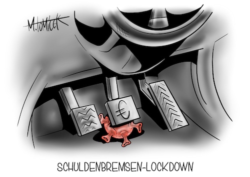 Cartoon: Schuldenbremsen-Lockdown (medium) by Mirco Tomicek tagged beratung,haushalt,2021,haushaltsberatungen,neuverschuldung,etats,bundestag,angela,merkel,finanzen,finanzminister,olaf,scholz,entwurf,haushaltsbremse,bremse,corona,covid19,maßnahmen,regelungen,schulden,finanzpaket,paket,milliarden,geld,krise,haushaltsgeld,kosten,pandemie,rückhalt,karikatur,pressekarikatur,cartoon,mirco,tomicek,beratung,haushalt,2021,haushaltsberatungen,neuverschuldung,etats,bundestag,angela,merkel,finanzen,finanzminister,olaf,scholz,entwurf,haushaltsbremse,bremse,corona,covid19,maßnahmen,regelungen,schulden,finanzpaket,paket,milliarden,geld,krise,haushaltsgeld,kosten,pandemie,rückhalt,karikatur,pressekarikatur,cartoon,mirco,tomicek