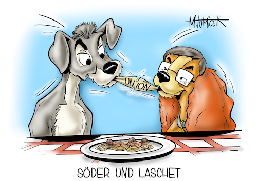 Cartoon: Söder und Laschet (medium) by Mirco Tomicek tagged markus,söder,armin,laschet,kanzlerkandidatur,kanzleramt,kanzler,kanzlerfrage,frage,kanzlerkandidaten,kandidaten,machtkampf,cdu,csu,union,werben,zustimmung,unionsfraktion,fraktion,bundestagsfraktion,unterstützung,disney,susi,und,strolch,cartoon,karikatur,pressekarikatur,mirco,tomicek,markus,söder,armin,laschet,kanzlerkandidatur,kanzleramt,kanzler,kanzlerfrage,frage,kanzlerkandidaten,kandidaten,machtkampf,cdu,csu,union,werben,zustimmung,unionsfraktion,fraktion,bundestagsfraktion,unterstützung,disney,susi,und,strolch,cartoon,karikatur,pressekarikatur,mirco,tomicek