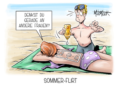 Cartoon: Sommer-Flirt (medium) by Mirco Tomicek tagged frauen,wm,weltmeisterschaft,fußball,fußballerin,fußballspiel,australien,neuseeland,deutschland,marokko,sieg,rekord,traumstart,urlaub,sommerurlaub,hitze,sonne,sonnencreme,cartoon,karikatur,pressekarikatur,mirco,tomicek,frauen,wm,weltmeisterschaft,fußball,fußballerin,fußballspiel,australien,neuseeland,deutschland,marokko,sieg,rekord,traumstart,urlaub,sommerurlaub,hitze,sonne,sonnencreme,cartoon,karikatur,pressekarikatur,mirco,tomicek