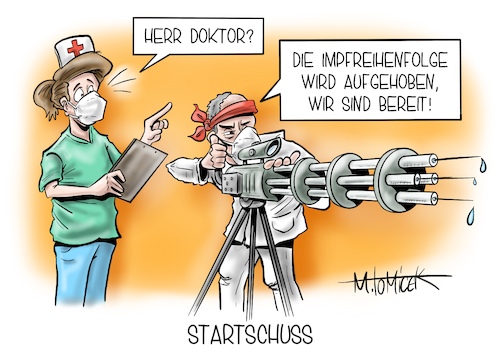 Cartoon: Startschuss (medium) by Mirco Tomicek tagged angela,merkel,corona,impfung,impfungen,ab,juni,impfreihenfolge,reihenfolge,geimpft,virus,pandemie,bund,länder,gipfel,impfgipfel,impfpriorisierung,priorisierung,guppen,impfzentrum,arzt,ärzte,medizin,cartoon,karikatur,pressekarikatur,mirco,tomicek,angela,merkel,corona,impfung,impfungen,ab,juni,impfreihenfolge,reihenfolge,geimpft,virus,pandemie,bund,länder,gipfel,impfgipfel,impfpriorisierung,priorisierung,guppen,impfzentrum,arzt,ärzte,medizin,cartoon,karikatur,pressekarikatur,mirco,tomicek