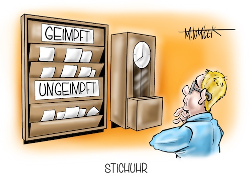 Cartoon: Stichuhr (medium) by Mirco Tomicek tagged debatte,arbeitsschutzgesetz,arbeitsschutzverordnung,verordnung,infektionsschutz,impfstatus,impfung,geimpft,ungeimpft,geimpfte,arbeitgeber,arbeit,arbeiter,arbeitnehmer,angestellte,arbeitgebervertreter,chef,ansage,regierung,beschluss,impfstoff,arbeitszeit,impfungen,abfrage,stechuhr,corona,karikatur,pressekarikatur,cartoon,mirco,tomicek,debatte,arbeitsschutzgesetz,arbeitsschutzverordnung,verordnung,infektionsschutz,impfstatus,impfung,geimpft,ungeimpft,geimpfte,arbeitgeber,arbeit,arbeiter,arbeitnehmer,angestellte,arbeitgebervertreter,chef,ansage,regierung,beschluss,impfstoff,arbeitszeit,impfungen,abfrage,stechuhr,corona,karikatur,pressekarikatur,cartoon,mirco,tomicek