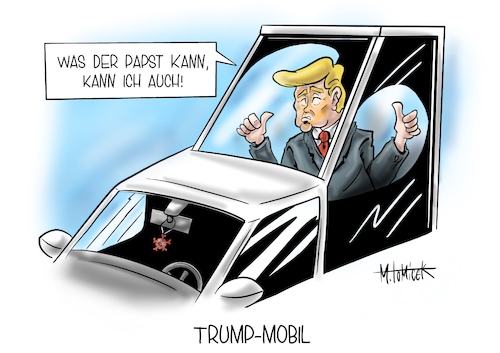 Cartoon: Trump-Mobil (medium) by Mirco Tomicek tagged donald,trump,spazierfahrt,fahrt,ausfahrt,ausflug,corona,infektion,covid19,infiziert,krankenhaus,infekt,us,präsident,president,usa,amerika,anhänger,sehen,lassen,bejubeln,bethesda,militärkrankenhaus,papst,mobil,auto,krank,karikatur,pressekarikatur,cartoon,mirco,tomicek,donald,trump,spazierfahrt,fahrt,ausfahrt,ausflug,corona,infektion,covid19,infiziert,krankenhaus,infekt,us,präsident,president,usa,amerika,anhänger,sehen,lassen,bejubeln,bethesda,militärkrankenhaus,papst,mobil,auto,krank,karikatur,pressekarikatur,cartoon,mirco,tomicek