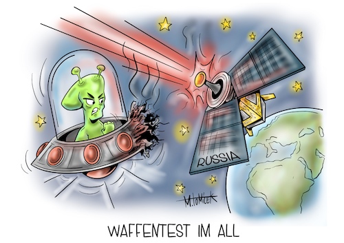 Cartoon: Waffentest im All (medium) by Mirco Tomicek tagged waffentest,all,usa,großbritannien,russland,russia,weltall,weltraum,satelitt,satelitten,abwehr,anti,schutz,raum,space,aliens,astronaut,astro,ufo,karikatur,cartoon,mirco,tomicek,waffentest,all,usa,großbritannien,russland,russia,weltall,weltraum,satelitt,satelitten,abwehr,anti,schutz,raum,space,aliens,astronaut,astro,ufo,karikatur,cartoon,mirco,tomicek