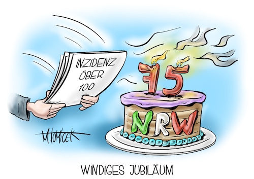 Cartoon: Windiges Jubiläum (medium) by Mirco Tomicek tagged 75,jahre,nrw,nordrhein,westfahlen,jubiläum,feier,corona,inzidenz,inzidenzwert,über,100,armin,laschet,angela,merkel,bundesland,3g,regeln,regel,cartoon,karikatur,pressekarikatur,mirco,tomicek,75,jahre,nrw,nordrhein,westfahlen,jubiläum,feier,corona,inzidenz,inzidenzwert,über,100,armin,laschet,angela,merkel,bundesland,3g,regeln,regel,cartoon,karikatur,pressekarikatur,mirco,tomicek