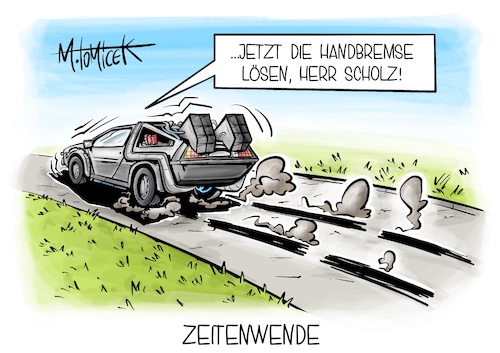 Cartoon: Zeitenwende (medium) by Mirco Tomicek tagged regierungserklärung,olaf,scholz,zeitenwende,zeiten,wende,russland,angriff,ukraine,krieg,ein,jahr,sondervermögen,bundeswehr,zurück,in,die,zukunft,delorean,cartoon,karikatur,pressekarikatur,mirco,tomicek,regierungserklärung,olaf,scholz,zeitenwende,zeiten,wende,russland,angriff,ukraine,krieg,ein,jahr,sondervermögen,bundeswehr,zurück,in,die,zukunft,delorean,cartoon,karikatur,pressekarikatur,mirco,tomicek