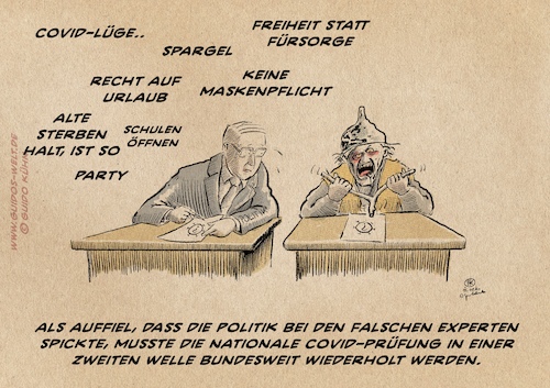 Cartoon: Covid-Prüfungswiederholung (medium) by Guido Kuehn tagged covid,corona,test,prüfung,politik,populismus,covidioten,hygienedemos,spargel,tönnies,laschet,söder,covid,corona,test,prüfung,politik,populismus,covidioten,hygienedemos,spargel,tönnies,laschet,söder