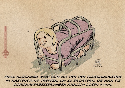 Cartoon: Klöckerstand (medium) by Guido Kuehn tagged klöckner,tönnies,wiesenhof,corona,schachthof,skandal,nrw,laschet,klöckner,tönnies,wiesenhof,corona,schachthof,skandal,nrw,laschet