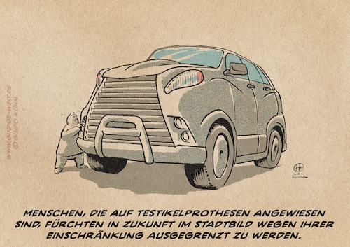 Cartoon: testikelprothesen (medium) by Guido Kuehn tagged auto,suv,raser,fragile,männlichkeit,familienpanzer,auto,suv,raser,fragile,männlichkeit,familienpanzer