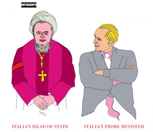 Cartoon: The country of Ayatollah (medium) by nerosunero tagged italy,state,church,berlusconi,pope,ratzinger,rome,ayatollah