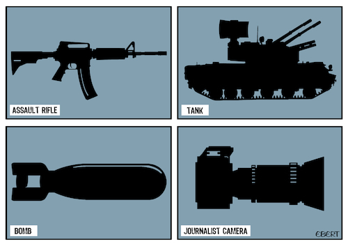 Cartoon: Dangerous weapons (medium) by Enrico Bertuccioli tagged journalist,journalism,weapons,press,freepress,freedom,military,threat,political,crisis,war,warzone,humanrights,journalist,journalism,weapons,press,freepress,freedom,military,threat,political,crisis,war,warzone,humanrights