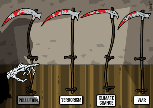 Cartoon: Grim Reaper-The work tools (medium) by Enrico Bertuccioli tagged grimreaper,death,work,tools,sickle,pollution,war,climatechange,terrorism,devastation,destruction,routine,earth,world,humanbeings,politicalcartoon,editorialcartoon,grimreaper,death,work,tools,sickle,pollution,war,climatechange,terrorism,devastation,destruction,routine,earth,world,humanbeings,politicalcartoon,editorialcartoon