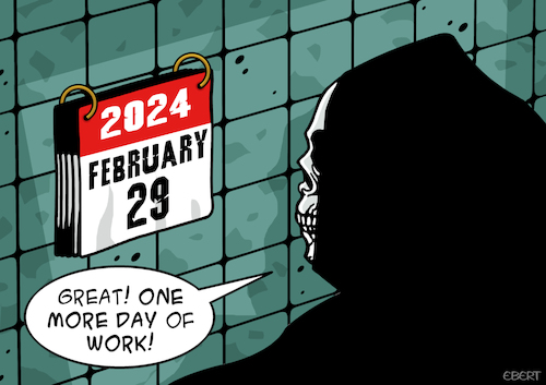 Cartoon: Leap year (medium) by Enrico Bertuccioli tagged work,leapyear,newyear,busy,death,calendar,deadly,humanbeings,grimreaper,employment,politicalcartoon,editorialcartoon,work,leapyear,newyear,busy,death,calendar,deadly,humanbeings,grimreaper,employment,politicalcartoon,editorialcartoon