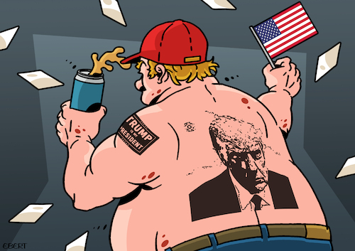 Cartoon: Trump supporter (medium) by Enrico Bertuccioli tagged trump,donald,supporters,fanatic,fanaticism,rightwing,farright,proudboys,uspresidentialelections,2024presidentialrally,mugshot,indictments,tattoo,politicalcartoon,editorialcartoon,trump,donald,supporters,fanatic,fanaticism,rightwing,farright,proudboys,uspresidentialelections,2024presidentialrally,mugshot,indictments,tattoo,politicalcartoon,editorialcartoon