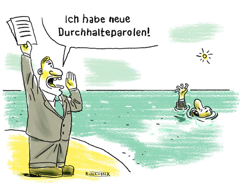 Cartoon: Durchhalteparolen (medium) by Thomas Kuhlenbeck tagged durchhalteparole,durchhalteparolen,ertrinken,ertrinkender,hilfe,hilferuf,durchhalten,durchhalteparole,durchhalteparolen,ertrinken,ertrinkender,hilfe,hilferuf,durchhalten