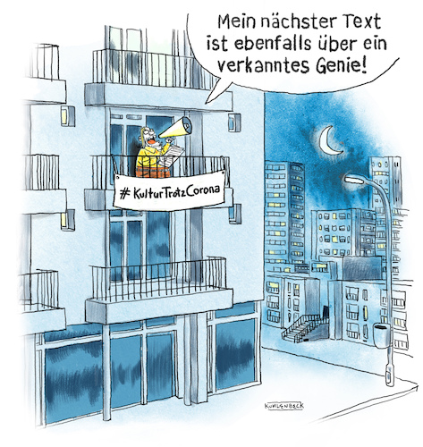 Cartoon: Kultur trotz Corona (medium) by Thomas Kuhlenbeck tagged corona,lockdown,shutdown,kultur,künstler,lesung,balkon,stadt,nacht,ruhestörung,literatur,literat,transparent,aktion,corona,lockdown,shutdown,kultur,künstler,lesung,balkon,stadt,nacht,ruhestörung,literatur,literat,transparent,aktion