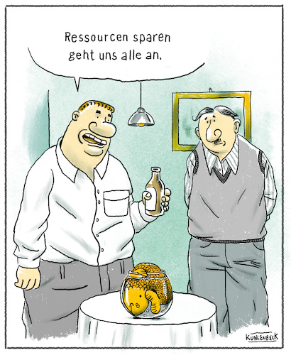 Cartoon: Ressourcen sparen. (medium) by Thomas Kuhlenbeck tagged mann,männer,konversation,fisch,ressourcen,einschränken,sparen,umwelt,co2,klima,mann,männer,konversation,fisch,ressourcen,einschränken,sparen,umwelt,co2,klima