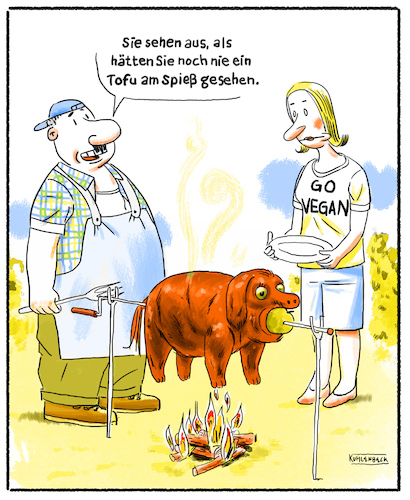 Cartoon: Tofu (medium) by Thomas Kuhlenbeck tagged mann,frau,tofu,vegan,veganerin,barbeque,grillen,grillfest,feuer,grillparty,sommer,essen,mann,frau,tofu,vegan,veganerin,barbeque,grillen,grillfest,feuer,grillparty,sommer,essen