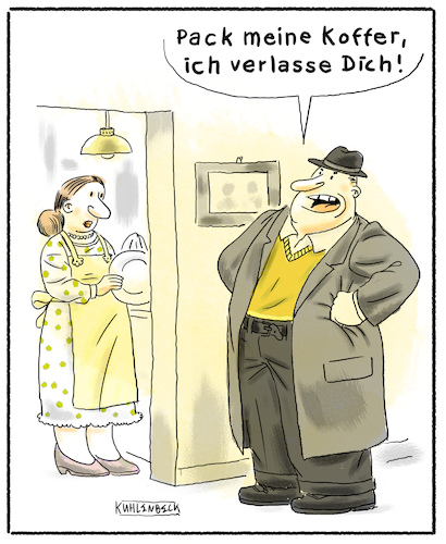 Cartoon: Verlassen. (medium) by Thomas Kuhlenbeck tagged mann,frau,ehe,scheidung,ende,beziehung,koffer,packen,auszug,ausziehen,verlassen,liebe,hass,ehemann,ehefrau,küche,hausfrau,haushalt,mann,frau,ehe,scheidung,ende,beziehung,koffer,packen,auszug,ausziehen,verlassen,liebe,hass,ehemann,ehefrau,küche,hausfrau,haushalt