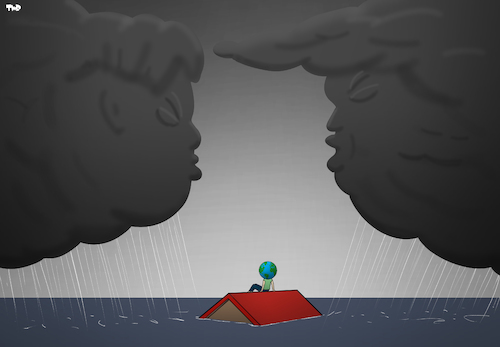 Cartoon: Colliding Storms (medium) by Tjeerd Royaards tagged trump,north,korea,harvey,usa,kim,jong,un,world,war,threat,water,rain,trump,north,korea,harvey,usa,kim,jong,un,world,war,threat,water,rain