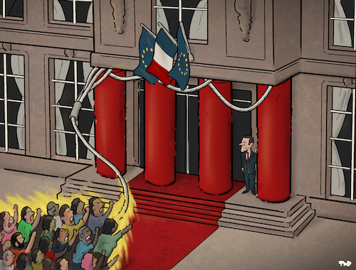 Cartoon: Explosive situation (medium) by Tjeerd Royaards tagged france,nahel,macron,shooting,protests,police,riots,justice,france,nahel,macron,shooting,protests,police,riots,justice