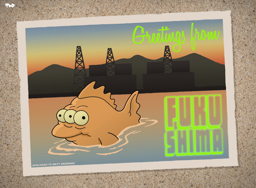 Cartoon: Greetings from Fukushima (medium) by Tjeerd Royaards tagged fukushima,japan,nuclear,contamination,reactor,water,blinky,simpsons,fukushima,japan,nuclear,contamination,reactor,water,blinky,simpsons