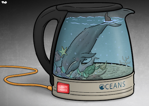 Cartoon: Our oceans are heating up (medium) by Tjeerd Royaards tagged sea,ocean,life,fish,whale,ecology,climate,temperature,sea,ocean,life,fish,whale,ecology,climate,temperature