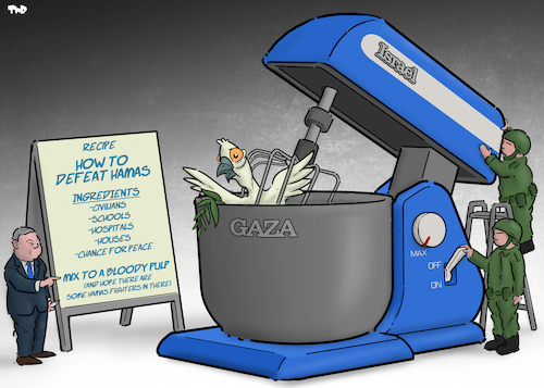 Cartoon: Recipe (medium) by Tjeerd Royaards tagged hamas,israel,gaza,netanyahu,peace,hamas,israel,gaza,netanyahu,peace