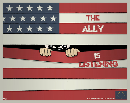 Cartoon: The Ally is Listening (medium) by Tjeerd Royaards tagged nsa,spying,obama,merkel,hollande,usa,united,states,terrorism,america,surveillance,espionage,nsa,spying,obama,merkel,hollande,usa,united,states,terrorism,america,surveillance,espionage